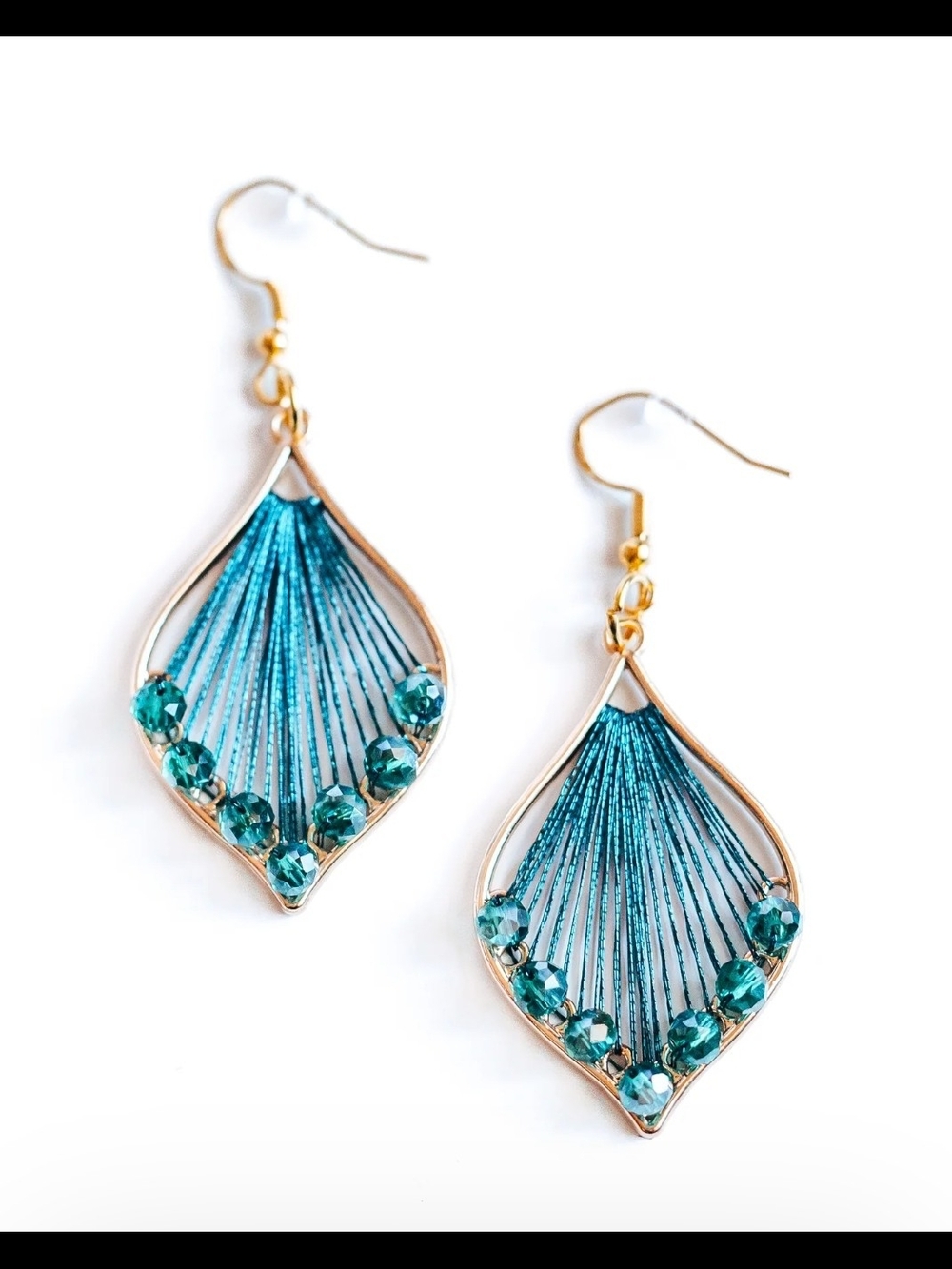 Gold Teardrop Earrings with Teal Thread & Crystal Accents
